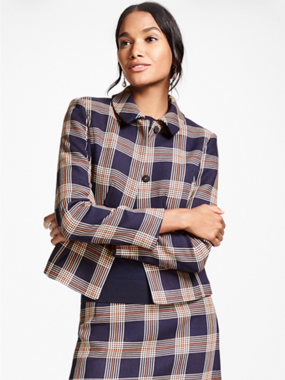 NWT Brooks Brothers Navy and Tan Plaid Cropped Blazer